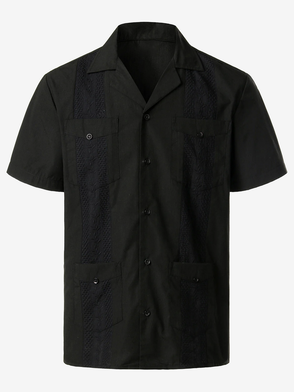 Black Tropical Hawaiian Cotton Short Sleeve Cuban Guayabera Shirt For Men