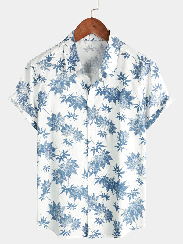 Men's Breathable Short-Sleeved Shirt Made Of Cotton Linen With Maple Leaf Print