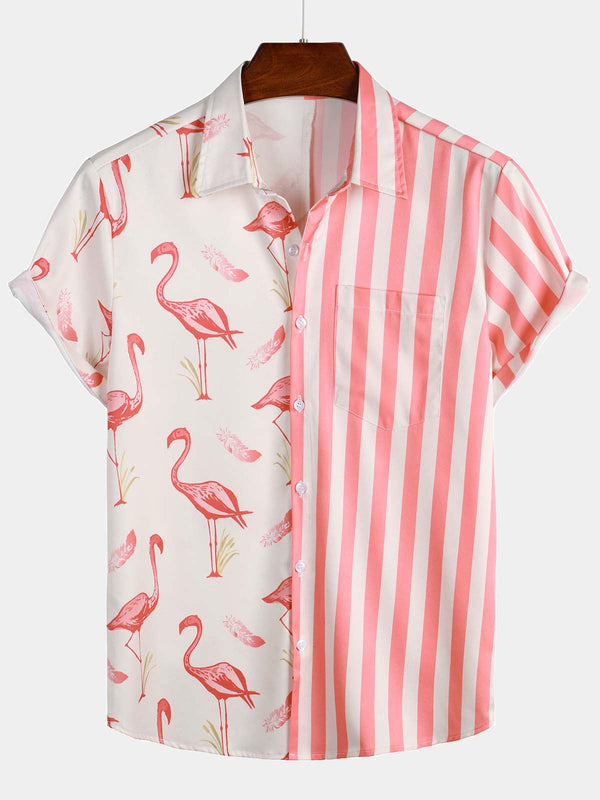 Men's Short-Sleeved Shirt With Pink Flamingo And Stripe Pattern And Holiday Pocket