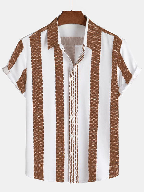 Men's Brown Vertical Striped Casual Short Sleeve Vintage Style Shirt