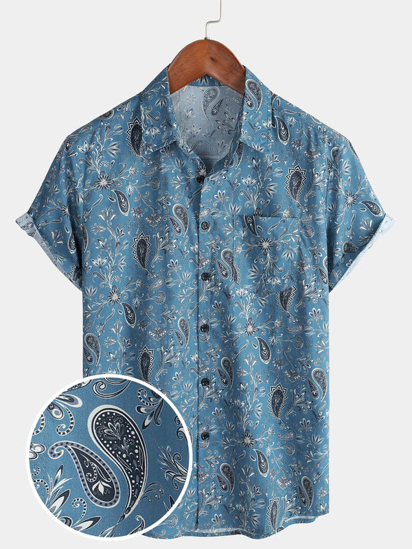 Men's Short-Sleeved Button-Down Hawaiian Shirt For Vacation And Summer, Paisley Floral Pattern