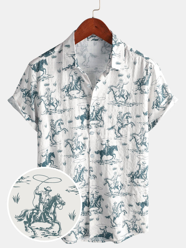 Men's Short-Sleeved Button-Down Cowboy Shirt With Horse Print