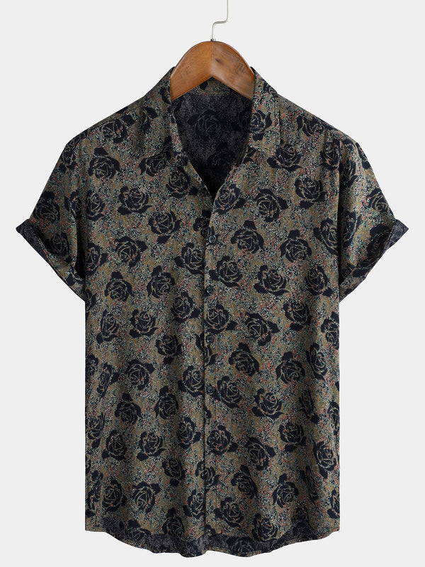 Men's Floral And Rose Print Holiday Casual Summer Short Sleeve Button Down Shirt