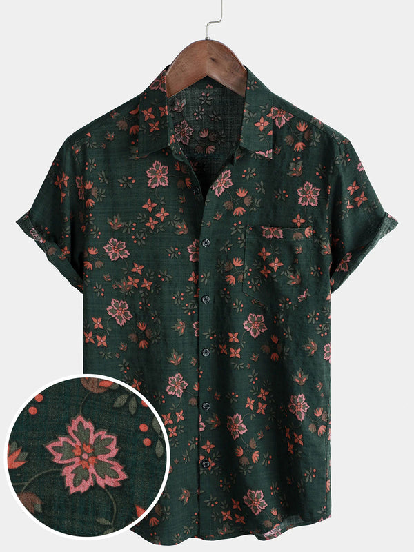 Men's Floral Print Vintage Holiday Green Short Sleeve Hawaiian Shirt