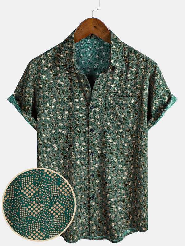 Men's Short-Sleeved Shirt With Retro Geometric Print And Green Pocket