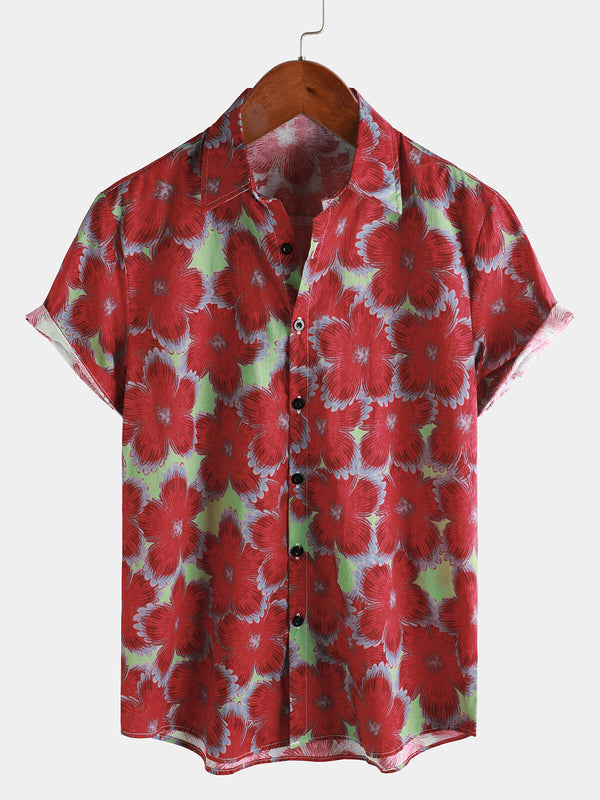 Men's Summer Beach Shirt Made Of 100% Hawaiian Cotton With Red Floral Print And Short Sleeves And Buttons