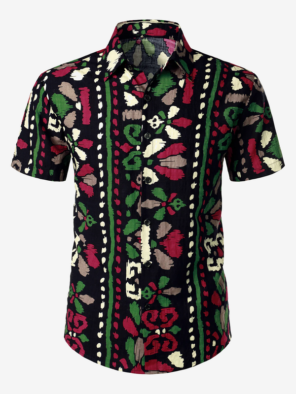 Men's Retro Tribal Floral Print Summer Short Sleeve Bohemian Black Shirt