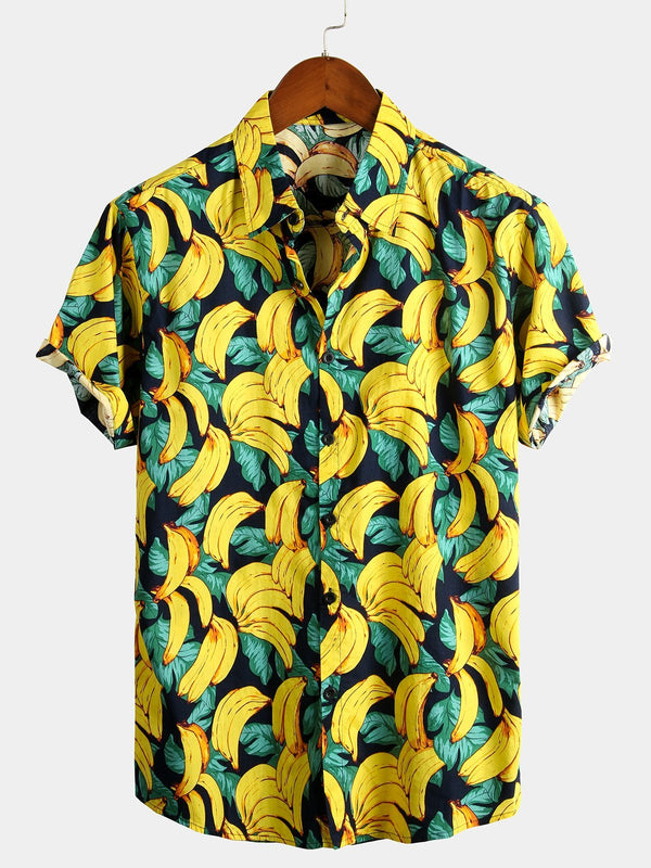 Men's Hawaiian Shirt With Tropical Aloha Pattern And Banana Cotton Fruit Print