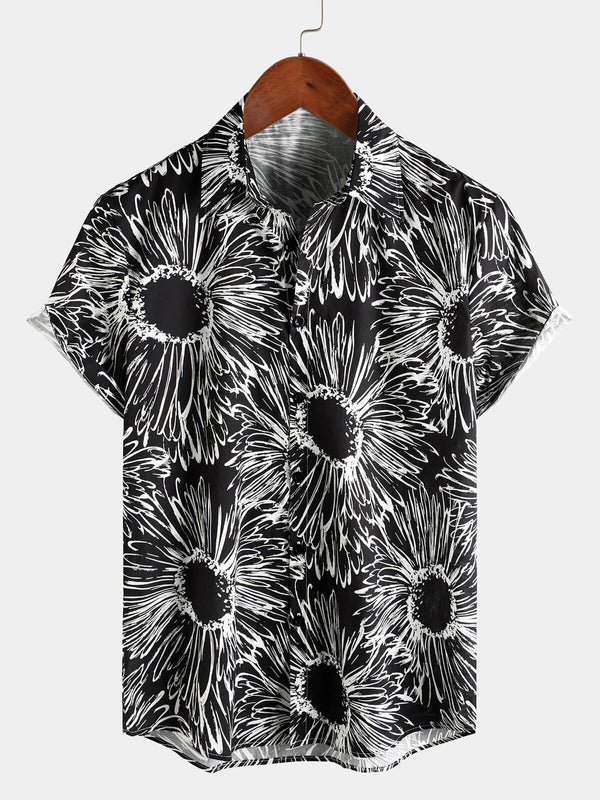 Men's Short-Sleeved Button-Down Shirt Made Of 100% Cotton With Sunflower Print And Black Floral Pattern