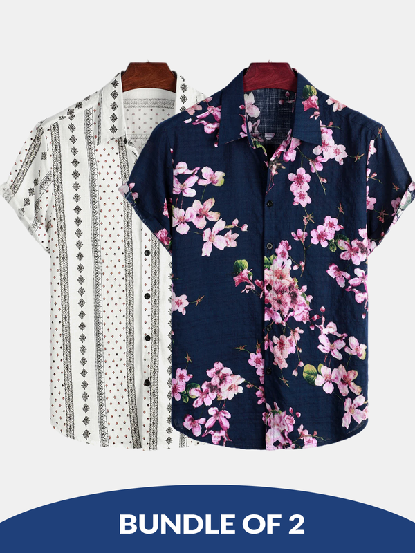 Bundle Of 2 | Men's Retro Floral Short-Sleeved Cotton 70S Button-Down Shirt