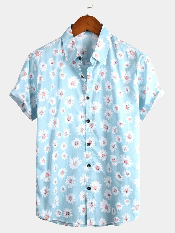 Men's Hawaiian Cotton Floral And Daisy Print Short-Sleeved Button-Down Shirt With Floral Print