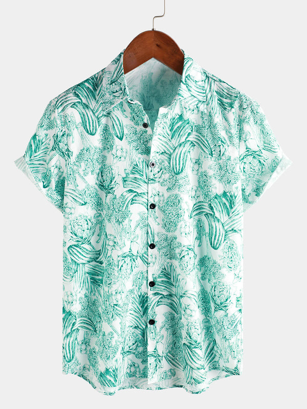 Men's 100% Cotton Green Floral Hawaiian Short Sleeve Button-Down Shirt