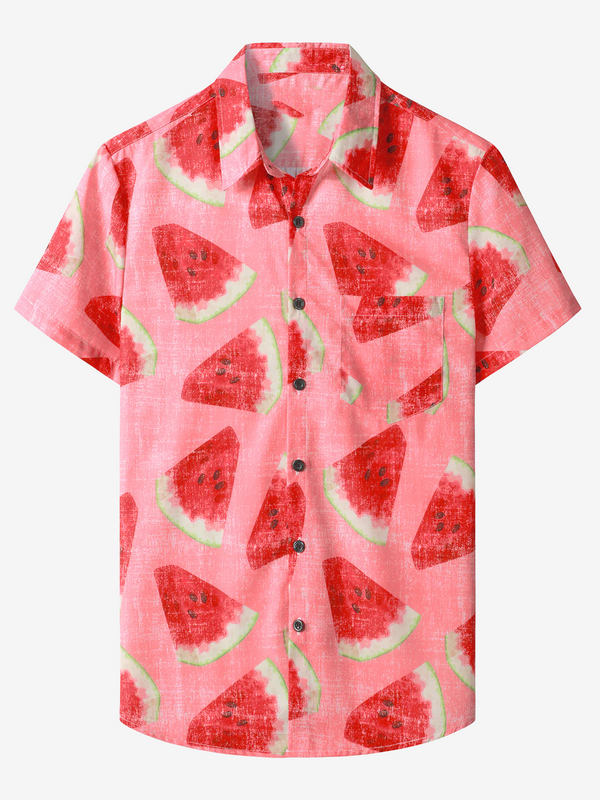 Men's Watermenlon Tropical Fruit Beach Pink Pocket Button Up Aloha Short Sleeve Hawaiian Shirt