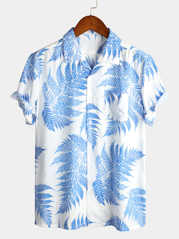 Men's Short-Sleeved Hawaiian Shirt With Pockets In Tropical Leaf Pattern
