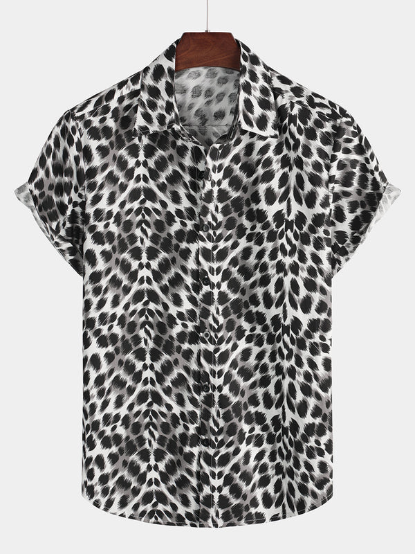 Men's Snow Leopard Animal Print Button Down Cotton Breathable Summer Short Sleeve Cool Black Cheetah Shirt