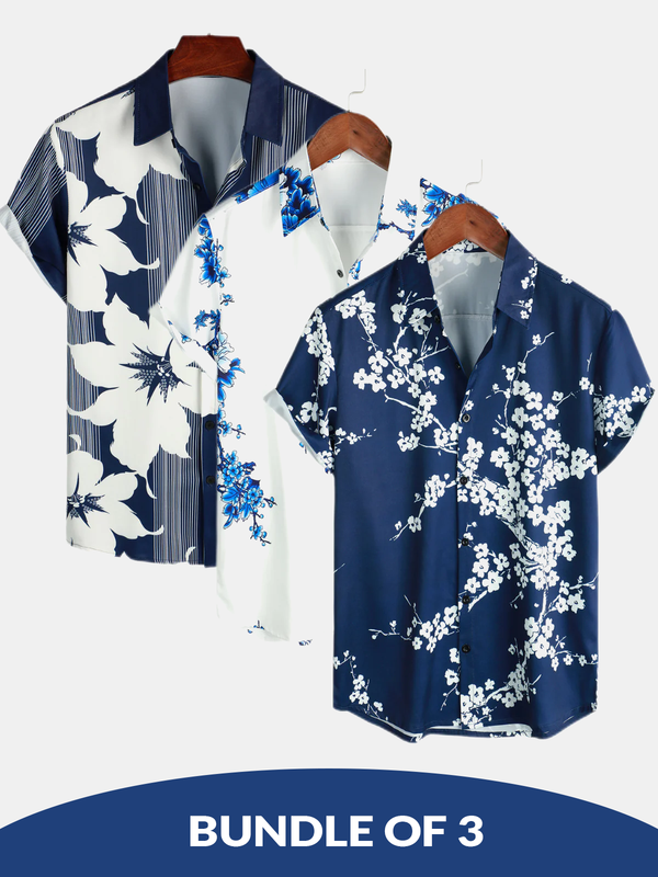 3-Pack | Men's Floral Print Vacation Hawaiian Vintage Aloha Short Sleeve Shirt