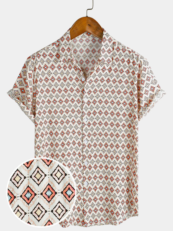 Men's Vintage Geometric Print Rayon Beach Shirt With Buttons, Short Sleeves