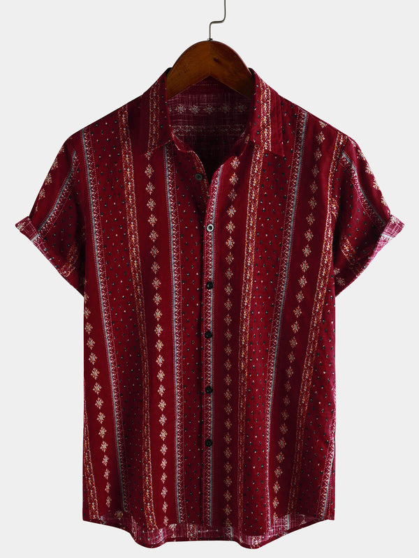 Men's Retro Red Striped Button-Up Shirt 70S Vintage Short Sleeve