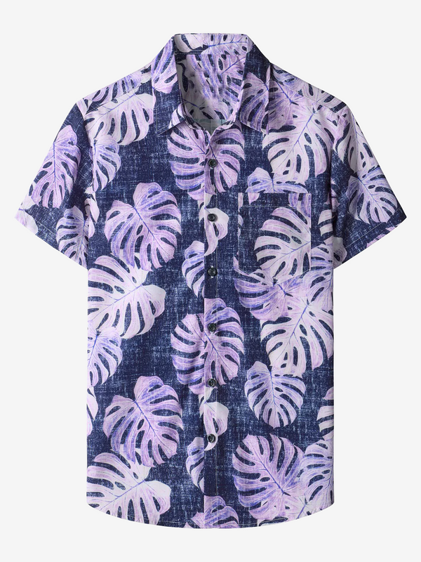 Men's Purple Hawaiian Beach Short Sleeve Casual Pocket Tropical Plant Print Button Down Shirt