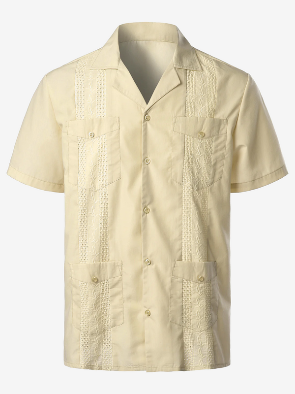 Plain Men's Shirt Made Of Tropical Hawaiian Cotton With A Cuban Collar
