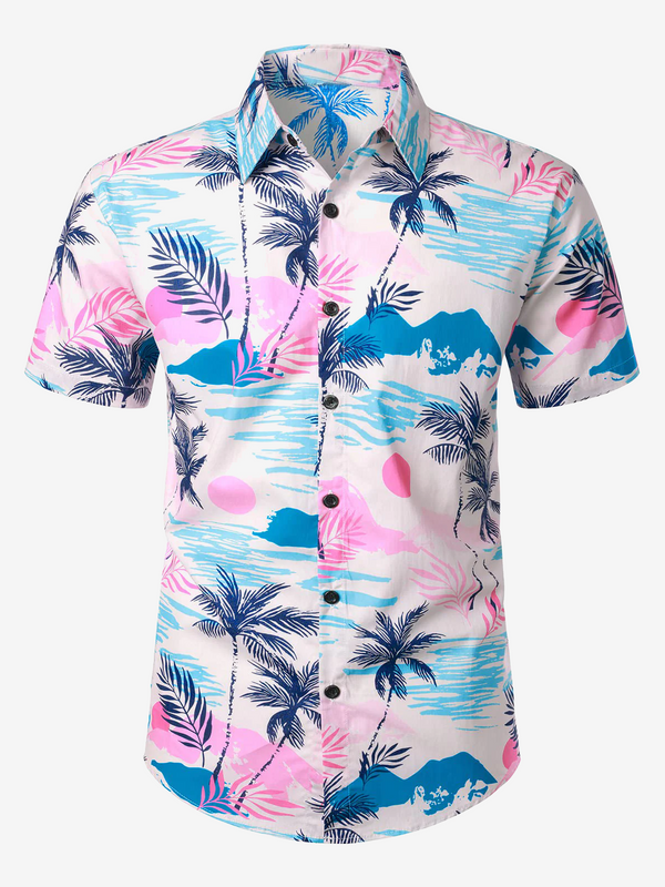 Casual Short-Sleeved Hawaiian Shirt With Pink Buttons For Men On A Tropical Island Vacation
