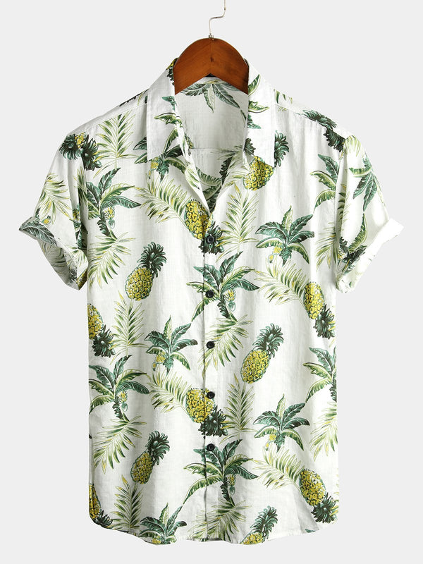 Men's Hawaiian Cotton Shirt With Floral, Pineapple, And Tropical Fruit Print
