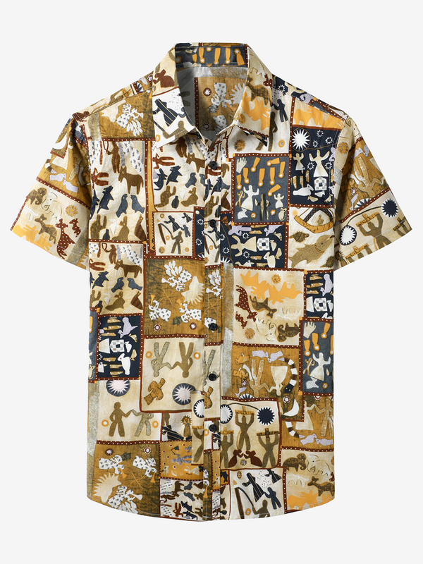 Men's Patchwork Tribal Print Buttons Retro Cotton Short Sleeve Bohemian Summer Shirt In Brown