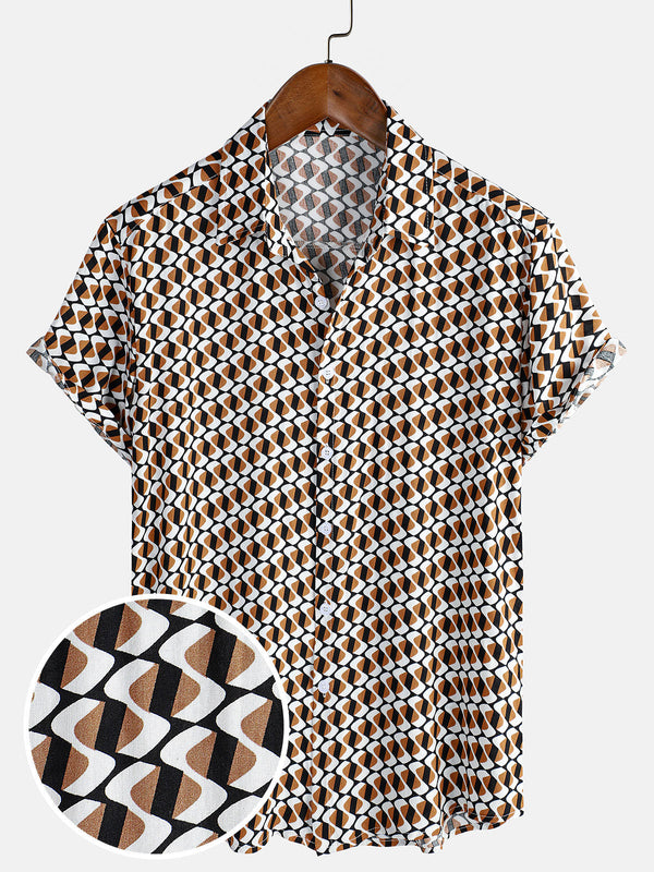 Men's Khaki Geometric Short Sleeve Button Down Beach Shirt