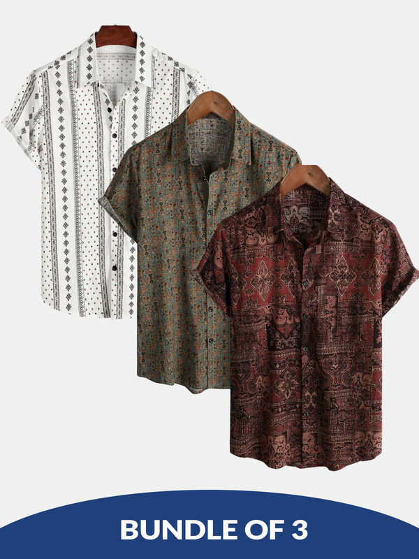 3-Pack | Men's Vintage Paisley Print 70S Button-Down Boho Retro Tribal Short Sleeve Shirt