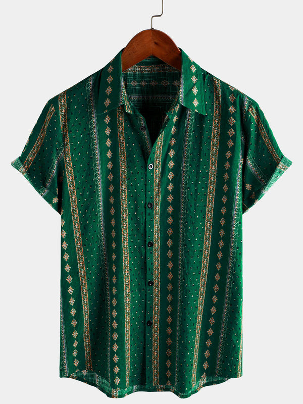 Men's Retro Shirt With Green Stripes And Buttons In 70S Style, Short Sleeves
