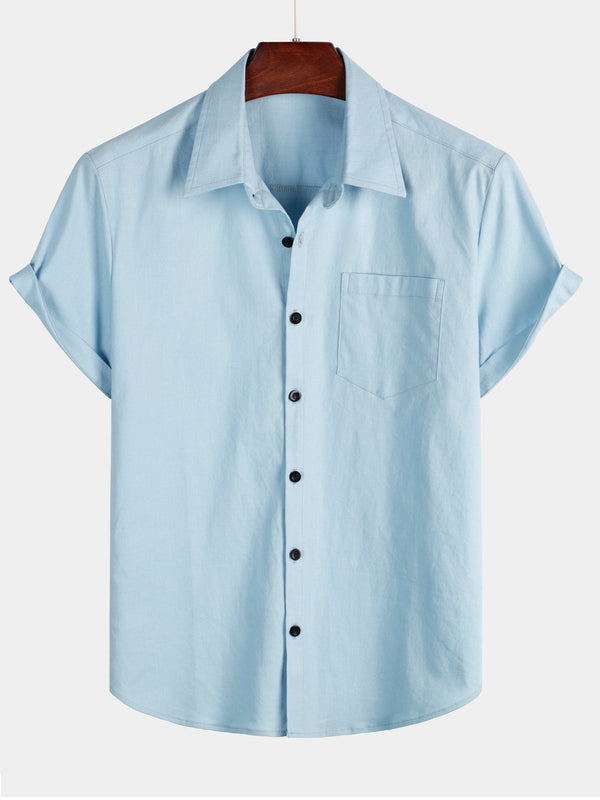 Men's Plain Linen And Cotton Shirt With Pockets, Casual Buttons And Short Sleeves