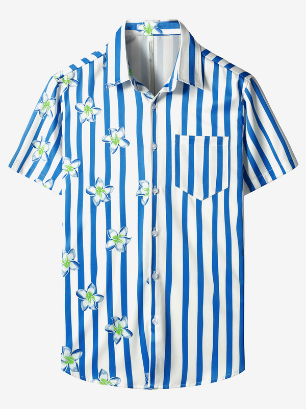 Men's Hawaiian Shirt Floral Print Blue And White Striped Summer Casual Floral Aloha Short Sleeve