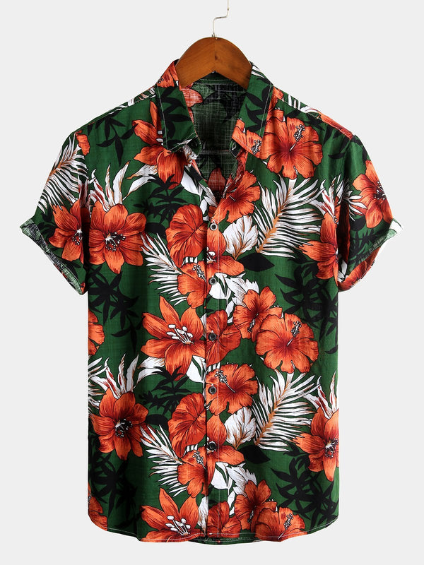 Men's Hawaiian Tropical Floral Print Cotton Short Sleeve Shirts
