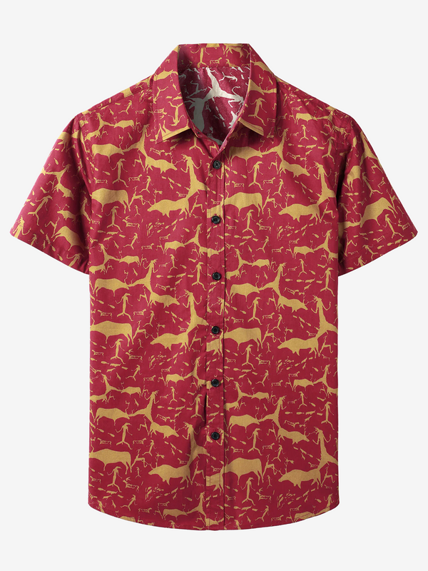 Men's Vintage Animal Print Red Retro Tribal Style Button-Down Cotton Short Sleeve Shirt