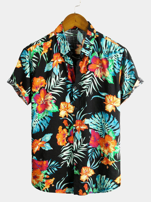 Men's Black Cotton Tropical Hawaiian Vacation Shirt With Floral Print