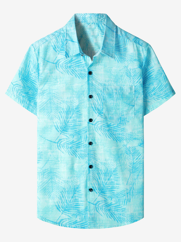 Light Blue, Short-Sleeved Men's Shirt With Tropical Pattern For Beach Holidays And Pockets