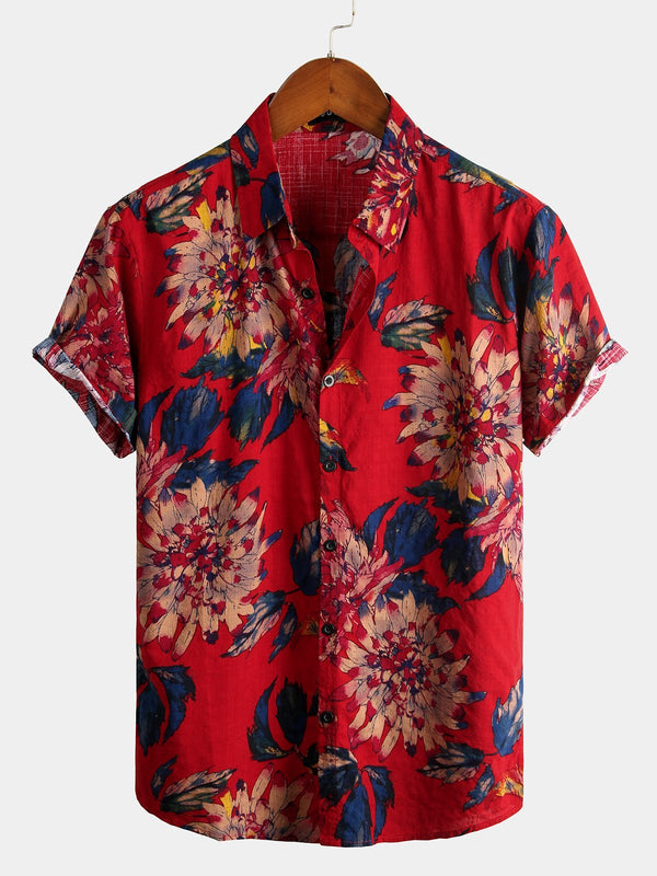 Tropical Hawaiian Shirt Made Of Cotton With Retro Floral Pattern For Men In Red