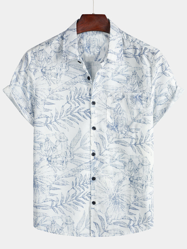 Men's Summer Retro Floral Print Pocket Flowers Short Sleeve Button Up White Hawaiian Shirt