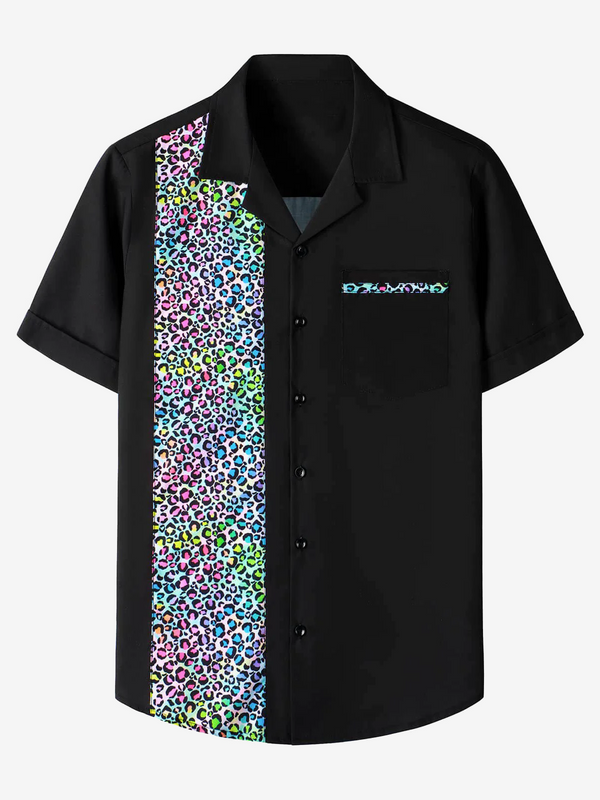 Men's 50S Style Leopard Print Cotton Button-Down Bowling Summer Short-Sleeved Shirt