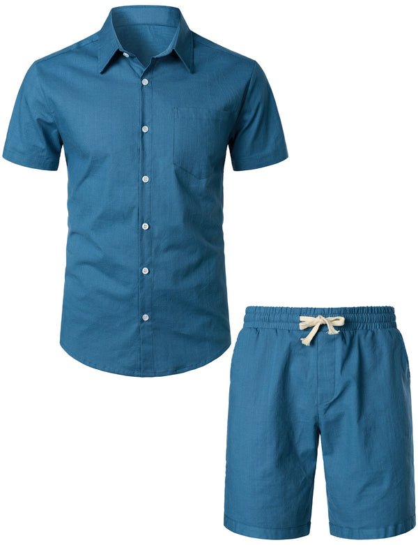 Men's Navy Blue Solid Color Linen Cotton Outfit Set With Short Sleeve Shirt And Shorts