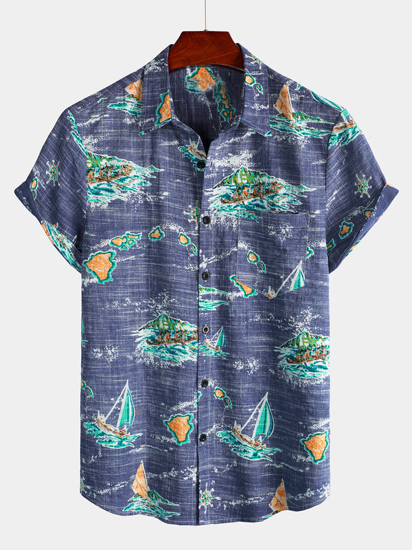 Men's Summer Short Sleeve Aloha Shirt Made Of Cotton In Navy Blue With Hawaiian Islands, Cruise, Beach, Button Down And Pocket