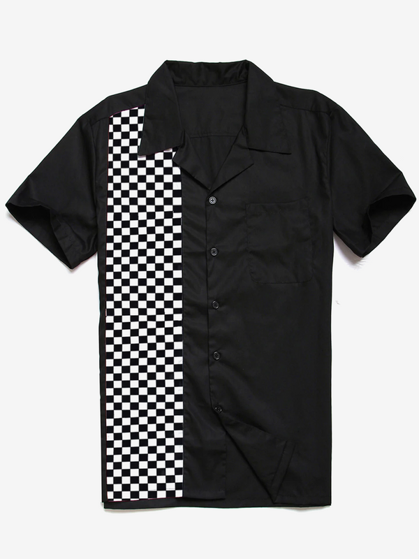 Men's Camp 50's Cotton Pocket Bowling Checkerboard Black And White Checkered Flag Short Sleeve Shirt