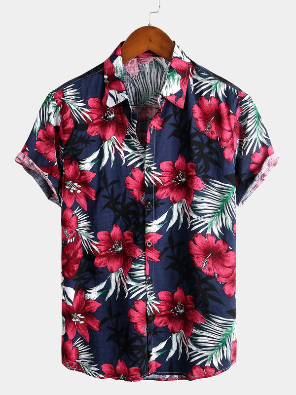 Navy Blue Men's Cotton Shirt With Tropical Hawaiian Floral Pattern