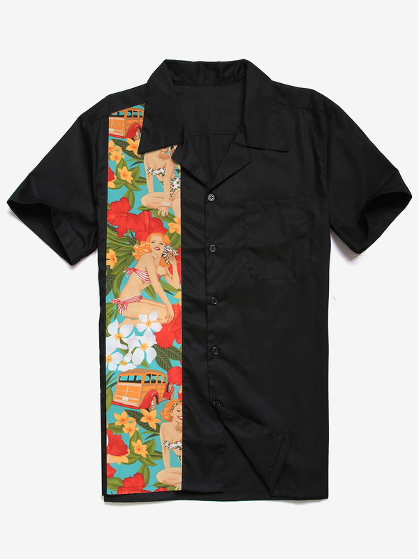 Men's Cotton Vintage Pocket Summer Bowling Beach Short Sleeve Shirt