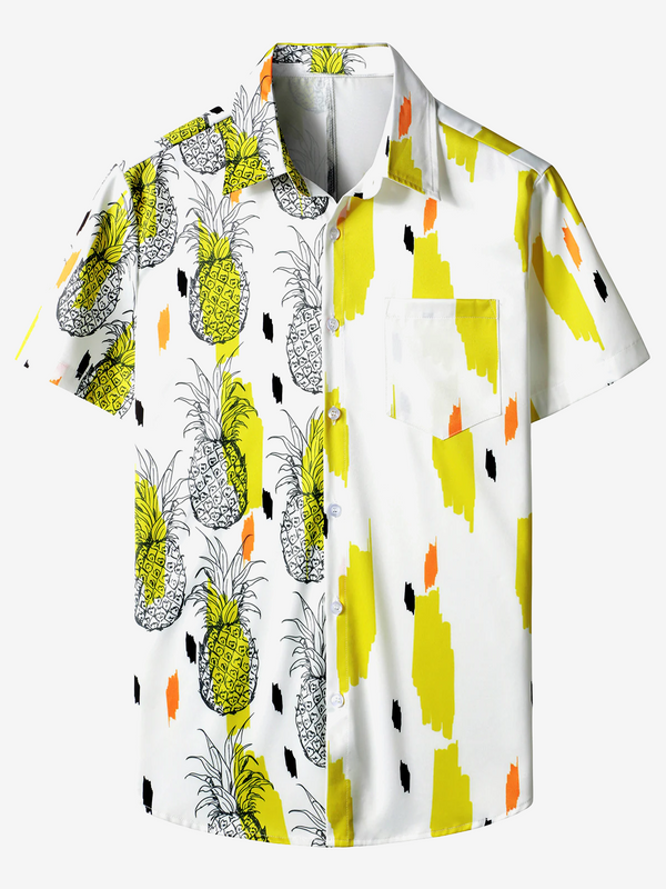 Men's Pineapple Tropical Fruit Print Pocket Hawaiian Button Down Shirt Summer Vacation Beach Aloha Short Sleeve
