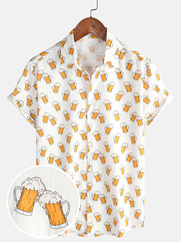 Men's Beer Print, Vacation, Beach, Summer, Cotton, Breathable, Casual, Short Sleeve