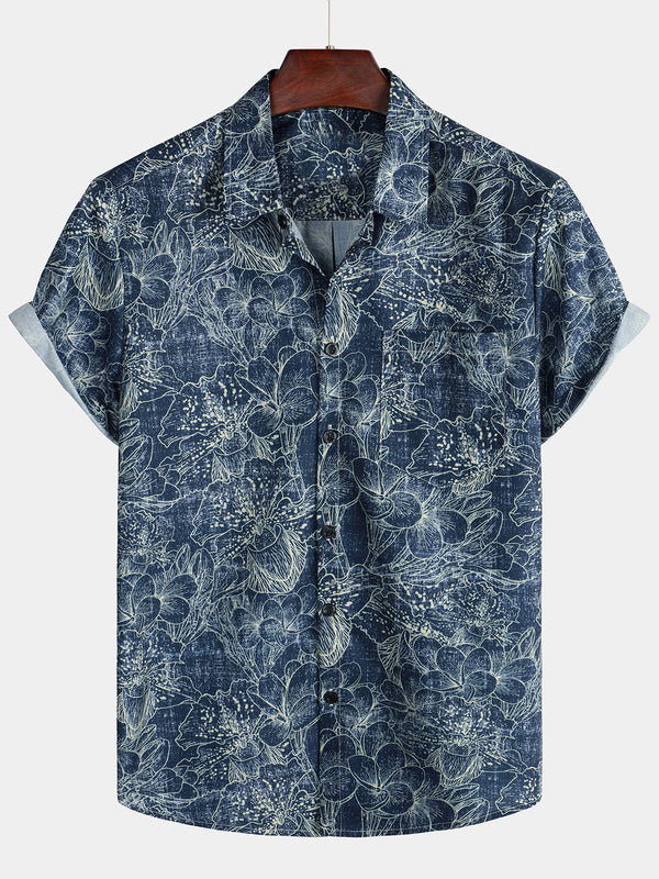 Men's Retro Floral Print Pocket Holiday Short Sleeve Vintage Floral Navy Blue Shirt