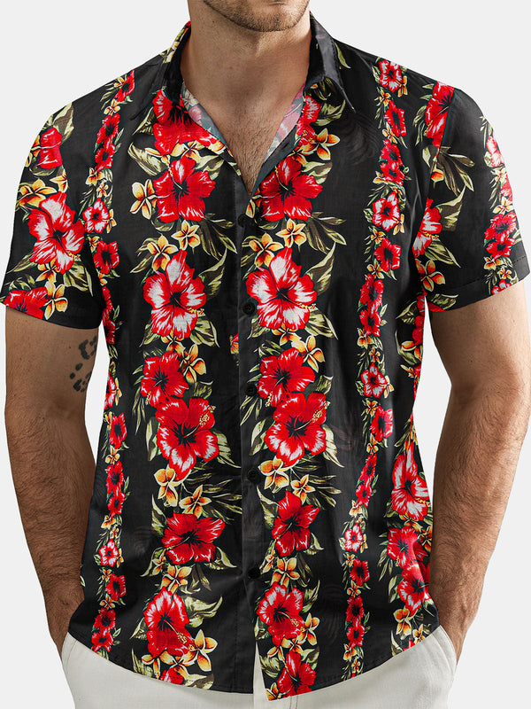 Funky Vintage Hawaiian Shirt With Tropical Hibiscus Floral Print, Short Sleeve, With Buttons