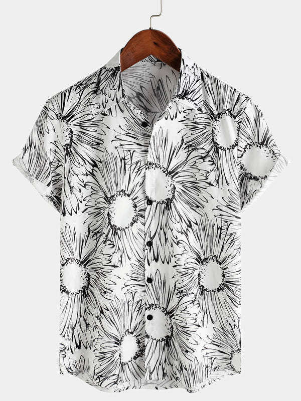Men's Summer Hawaiian Button-Down Shirt With Short Sleeves In Cotton With Sunflower Print