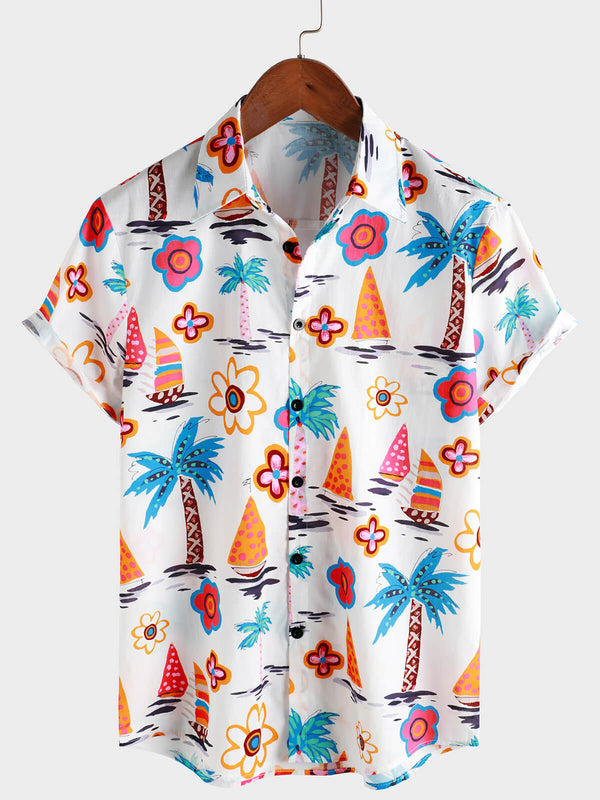 Men's Summer Hawaiian Button-Down Shirt With Short Sleeves In Cotton With Tropical Print